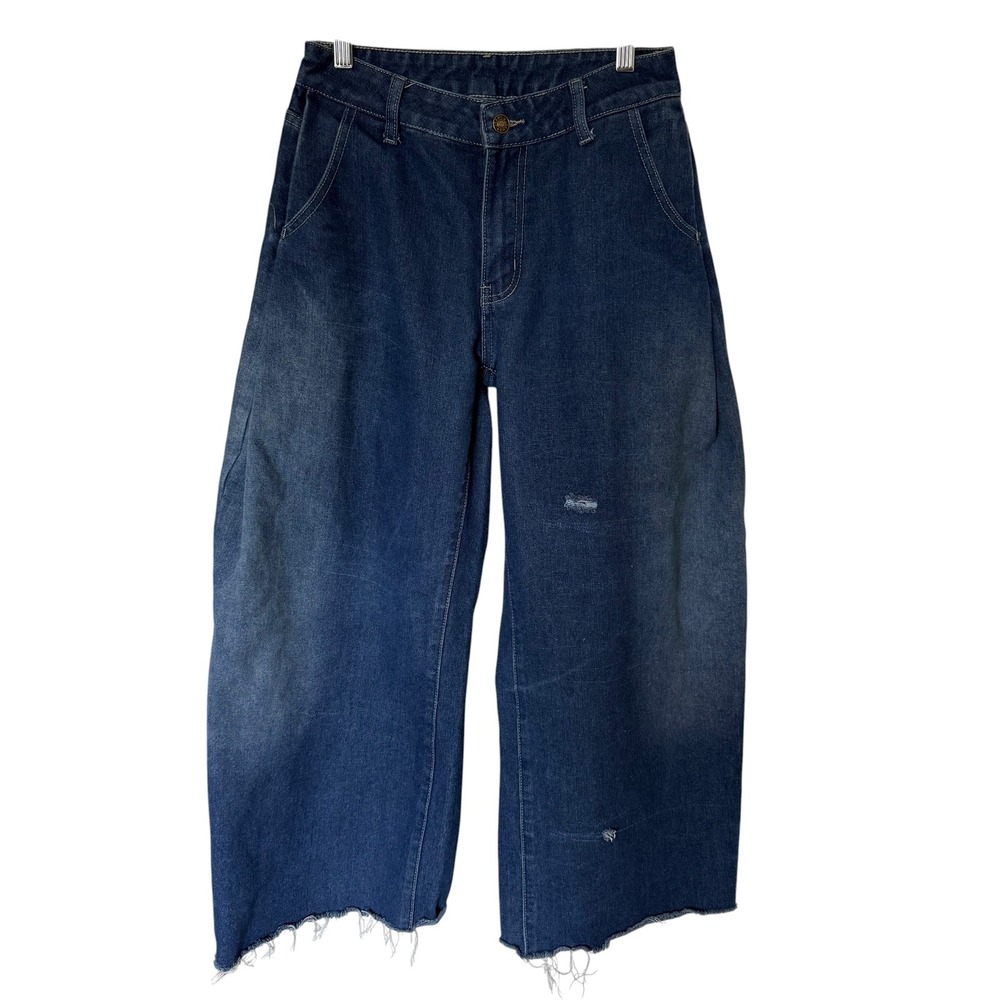 SHEIN Wide Leg Jeans Womens Size 27 Blue Good Distressed Raw Hem High Rise